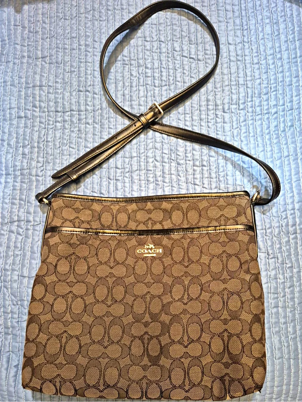 Coach Signature Monogram Crossbody Bag Brown Black Zip
